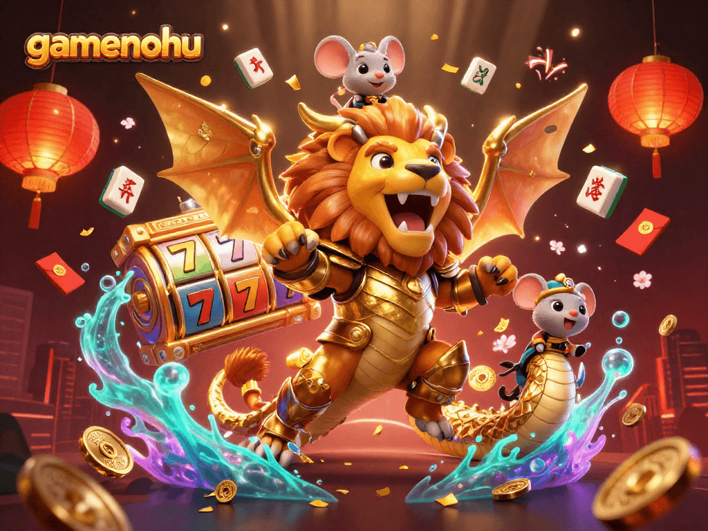 Spin the reels of gamenohu's thrilling slots, featuring a roaring chimera and festive casino elements.