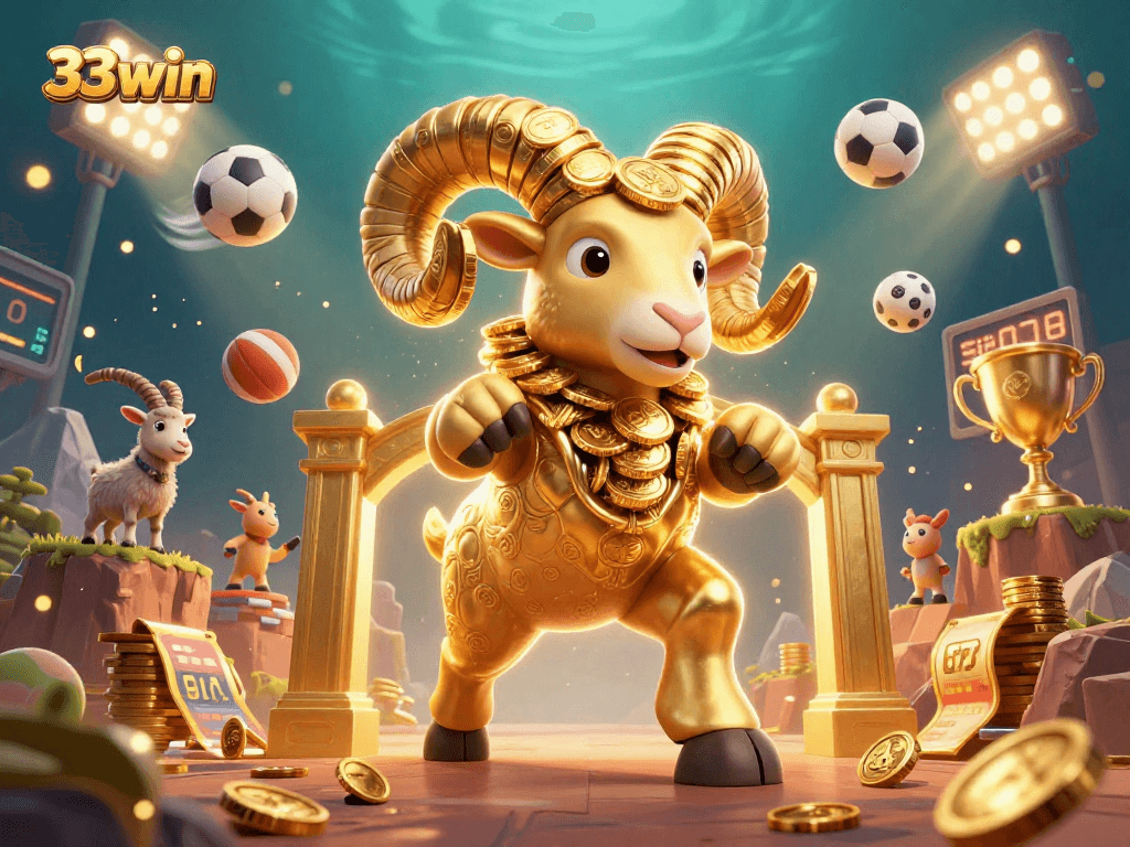 Experience the energy of 33win with a dynamic scene featuring a golden ram charging past sports elements and glittering coins.