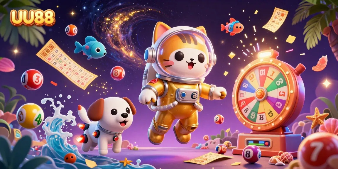 Join the thrilling excitement of UU88 with a dynamic scene of gameplay and colorful lottery elements.