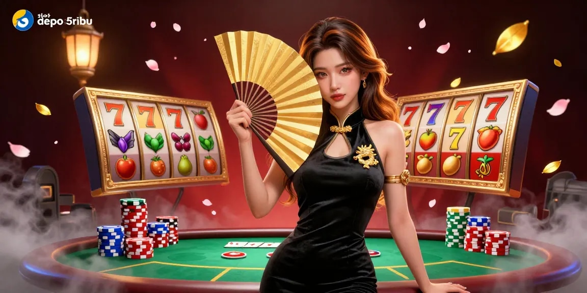 Experience the excitement of slot depo 5ribu with dynamic slot reels and vibrant gameplay elements in this captivating illustration.