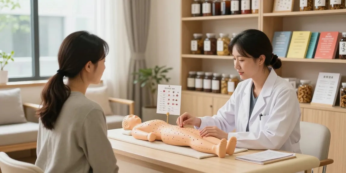 Patient consultation at 영통한의원 with herbal remedies in a bright wellness clinic.