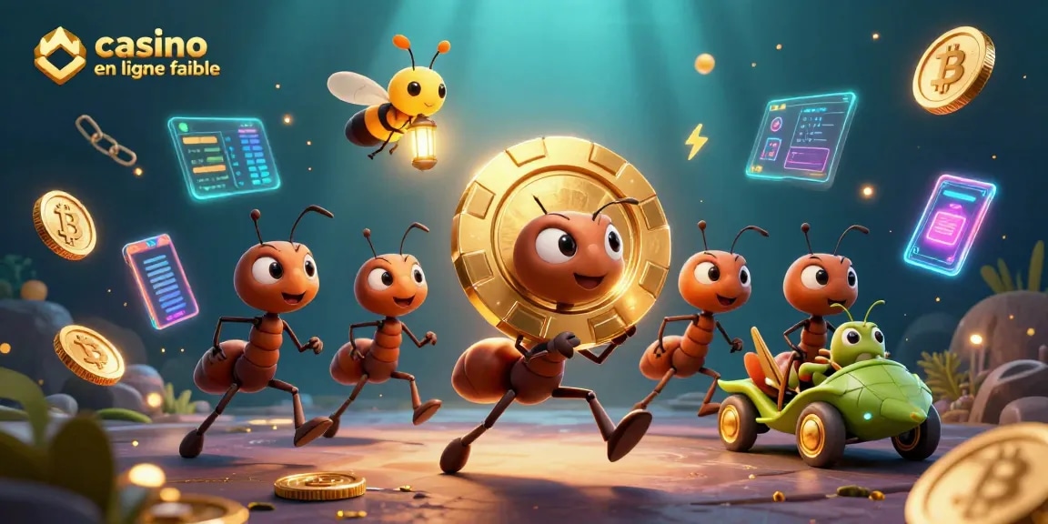 Jouer à un casino en ligne fiable avec une équipe de fourmis transportant un jeton de poker en or.