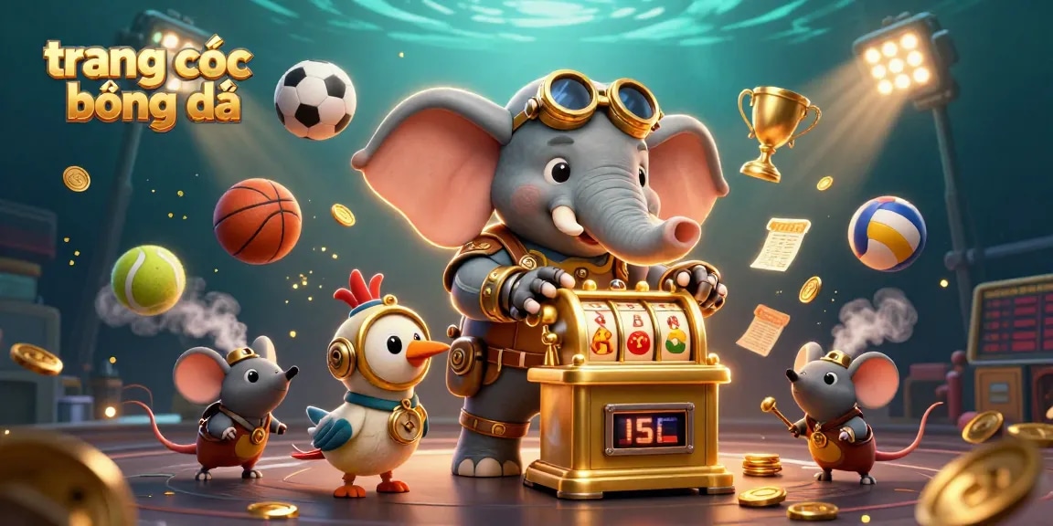 Experience excitement with trang cá cược bóng đá, depicting a steampunk elephant revealing golden betting slips against dynamic sports elements.