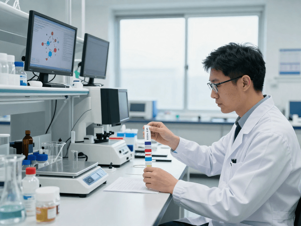 BPC 157 TB 500 Blend formulation in a modern health lab highlighting innovative strip technology.