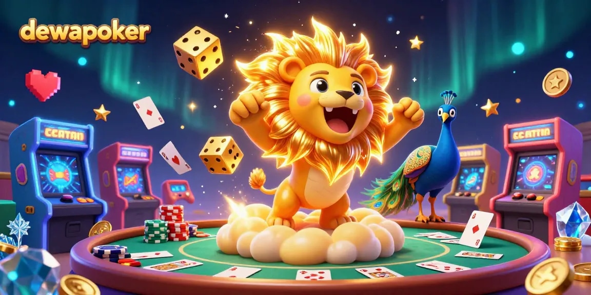 Dewapoker players enjoying a vibrant poker tournament depicted with colorful game machines and animated characters.