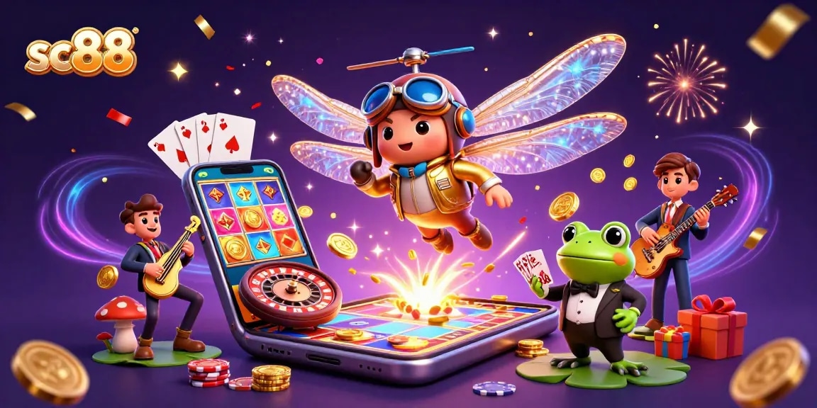 Engage with exciting sc88 gaming elements as the dragonfly pilot and frog croupier create a lively casino scene.