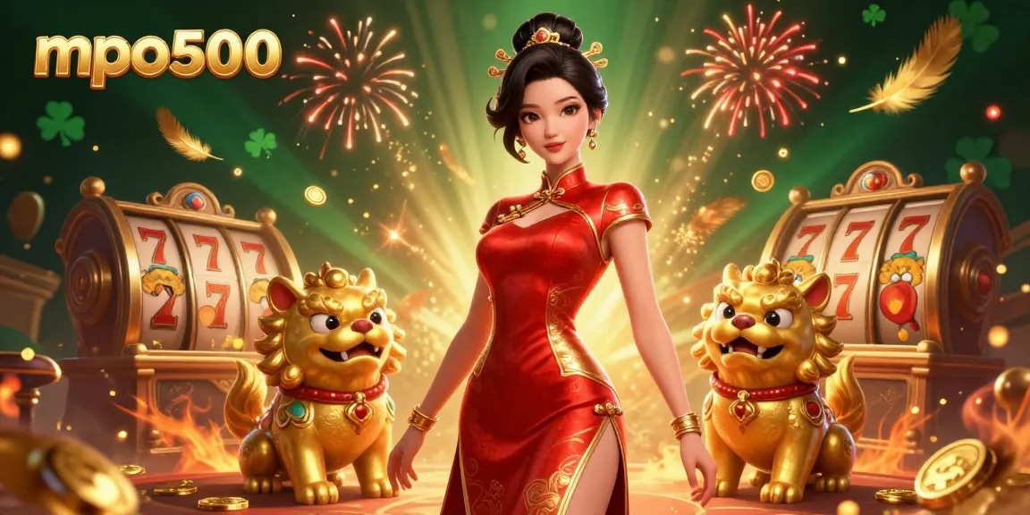 Experience the excitement of mpo500 with a glamorous Asian woman and golden foo dog guardians amid dynamic slot reels.