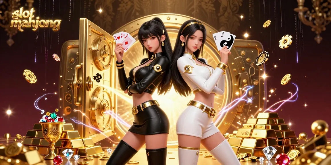 Engage with slot mahjong alongside twin Asian women amidst treasure vaults and luxury elements.