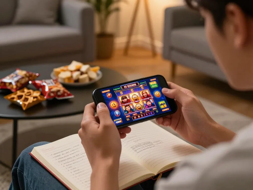 Engaged player enjoying slot gacor hari ini on mobile device in cozy home setup with strategic notes.