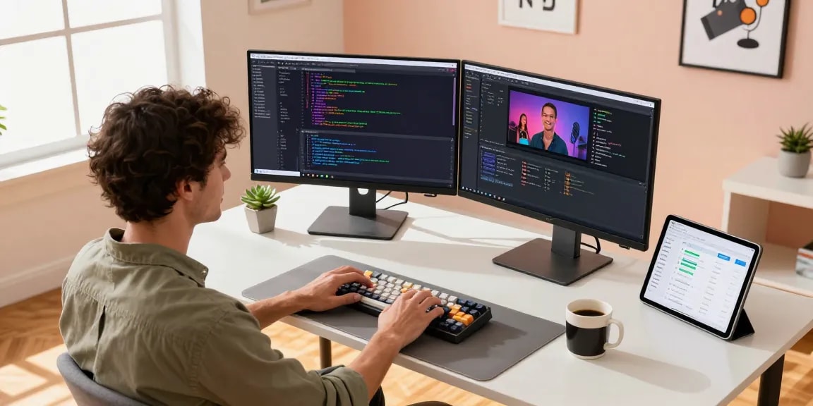Software developer coding on dual monitors in a stylish home office, showcasing telegram官网 project collaboration.