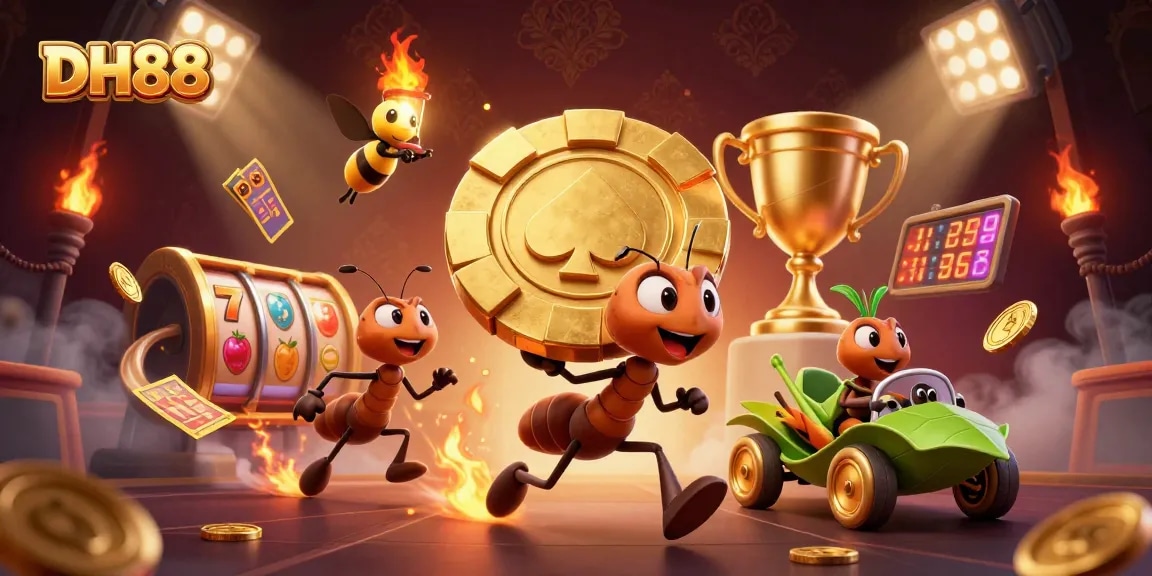 DH88 casino illustrated scene featuring ants carrying a giant poker chip in a vibrant heist with games elements.