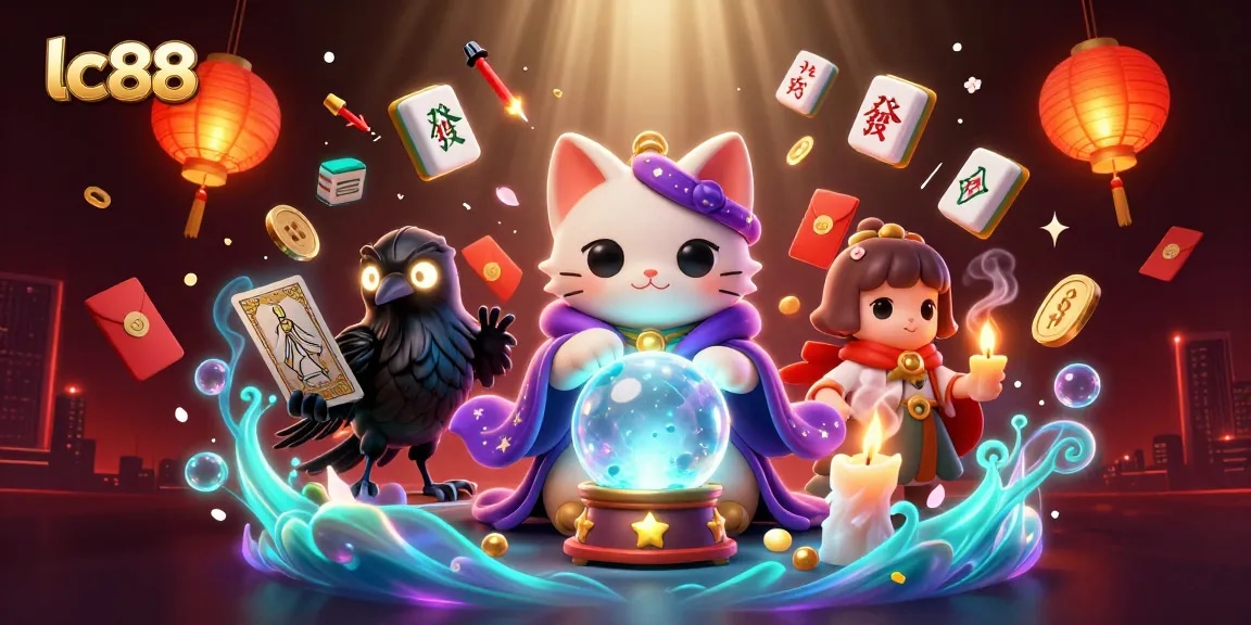 Engage with lc88 through a vibrant scene showcasing a mystical cat and raven in a casino atmosphere.