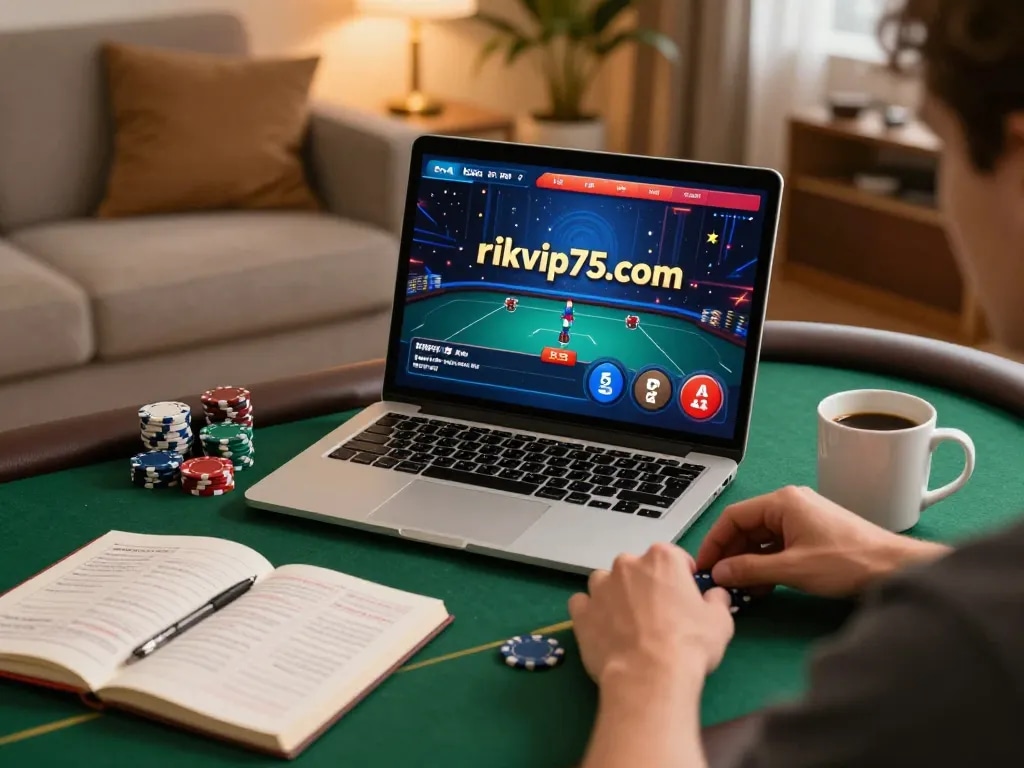 Engaging in online poker gameplay on https://rikvip75.com/ in a cozy home setting with strategic notes and a warm atmosphere.
