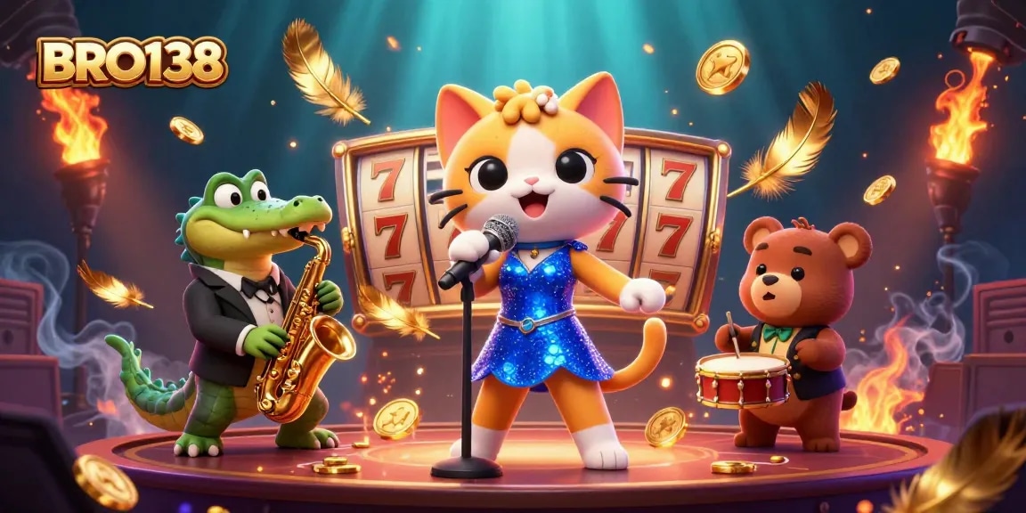 BRO138 engaging slot game action with vibrant characters on dynamic casino stage, showcasing excitement and luxury.