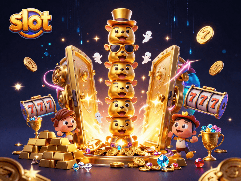 Spin the vibrant slot reels in this colorful casino scene filled with golden treasures.