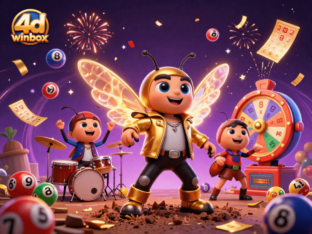 Engage with 4d winbox in this vibrant 3D illustration of a rock star lottery celebration.