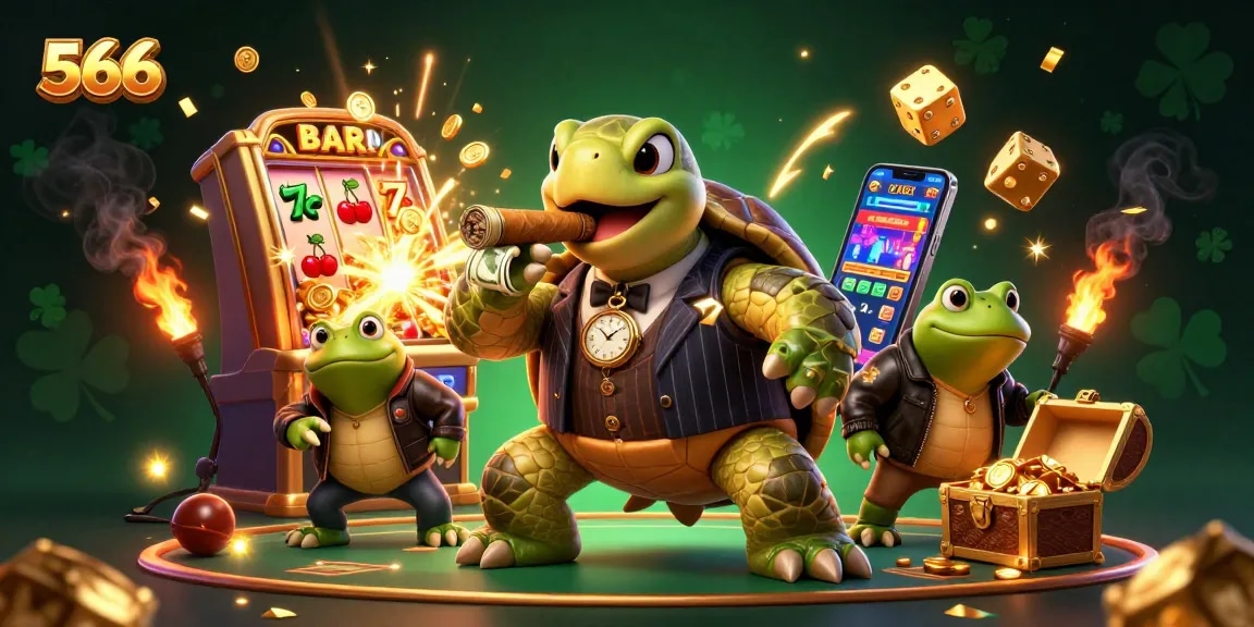 Engage with 566's casino excitement featuring a stylish turtle, robust bullfrog enforcers, and vibrant gambling elements.