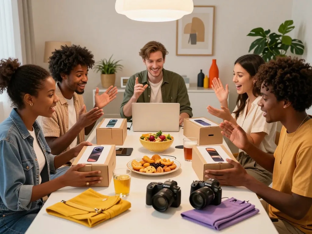 Excited friends unboxing new products from https://hubet88.icu/ at a stylish table, showcasing trendy lifestyle items.
