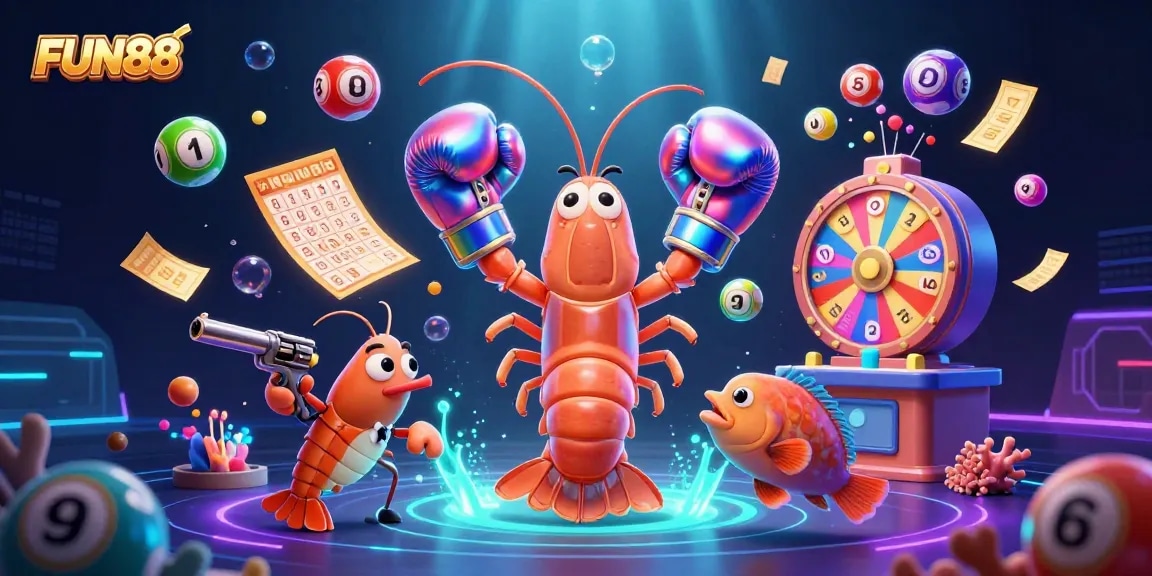 Experience exciting FUN88 lottery action with vibrant characters and dynamic elements in this 3D illustration.