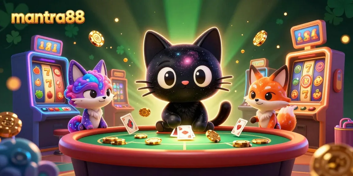 Engage with mantra88's vibrant gaming world, featuring energetic characters and slot machines in a cosmic casino.