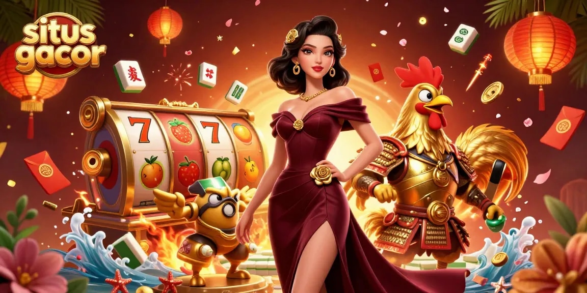 Play at situs gacor with winning slot reels, featuring vibrant characters and festive casino elements.