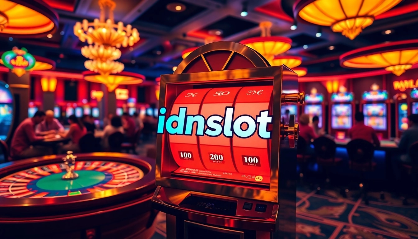 Players enjoying idnslot games at an upscale casino venue filled with vibrant colors and slots.