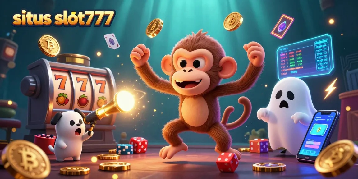 Experience the excitement of situs slot777 with vibrant slot reels and golden creatures in a lively casino atmosphere.