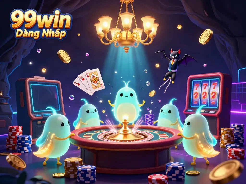 Engage in the vibrant scene of 99win Đăng Nhập with animated glowworms lighting a casino.