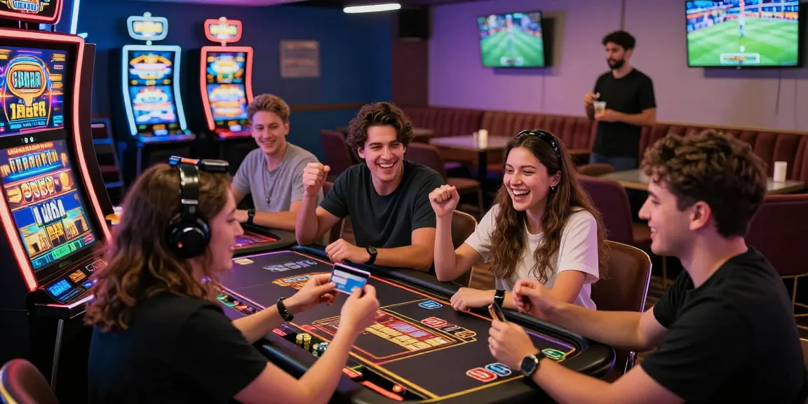 Excited players enjoying a lively atmosphere at online casinos that accept credit cards, celebrating wins and using their cards for deposits.