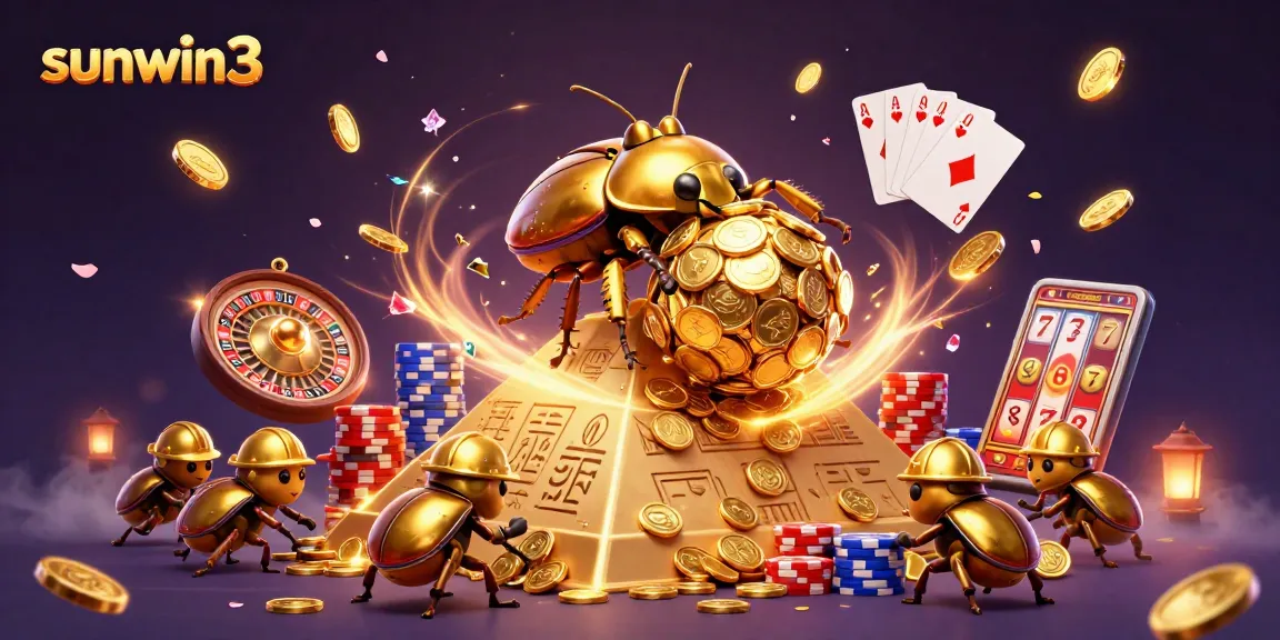 Experience the excitement of sunwin3 with a massive golden beetle rolling coins up a pyramid amidst vibrant casino elements.