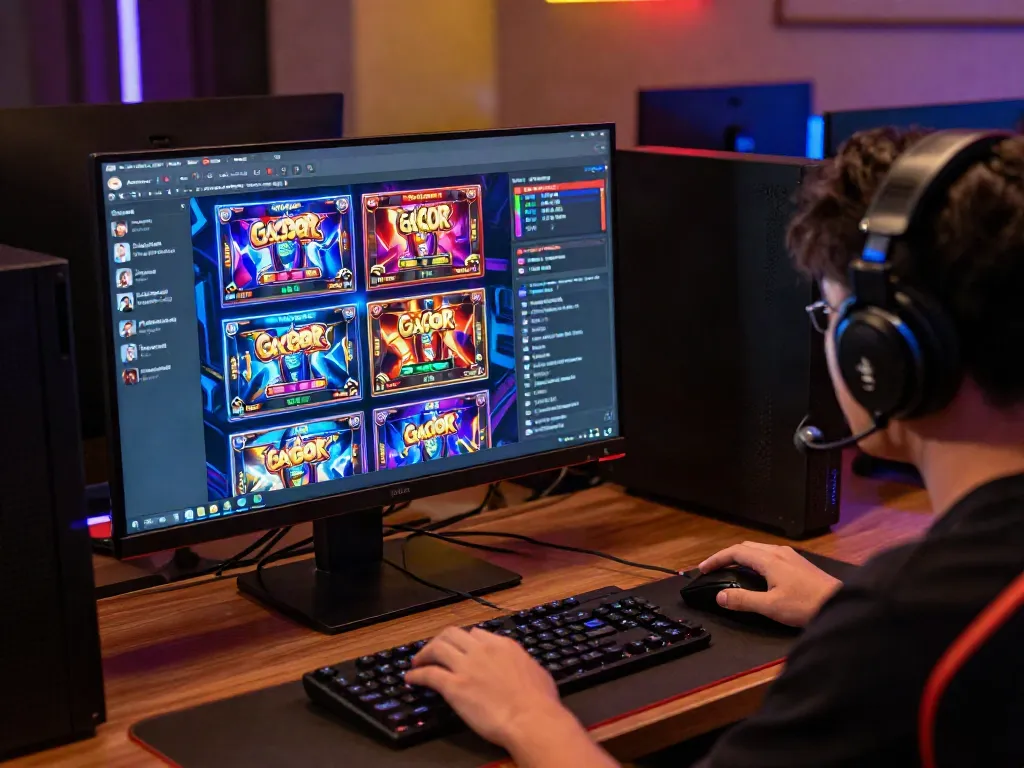 Player enjoying slot gacor games on a vibrant desktop setup with colorful graphics and gaming accessories.