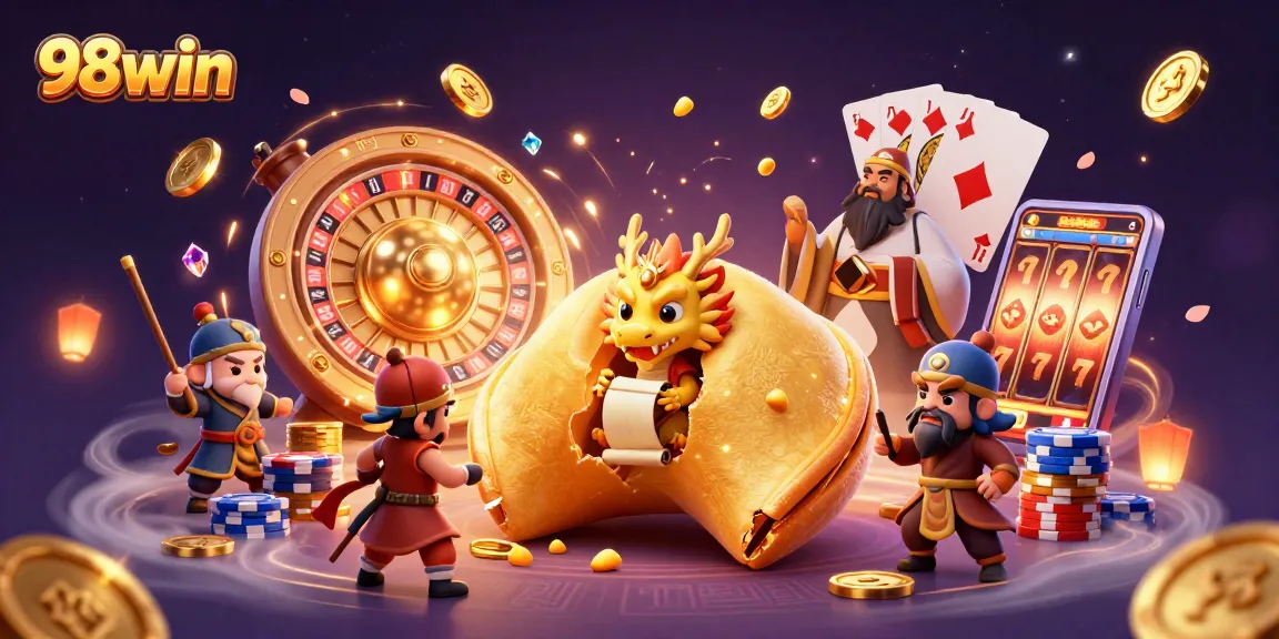 Experience the thrill of winning with 98win in a dazzling casino illustration featuring gold and fortune elements.