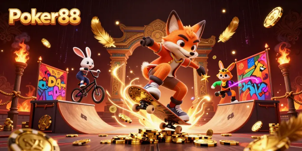 Engage with Poker88 in this vibrant 3D illustration featuring lively characters and dynamic casino elements.