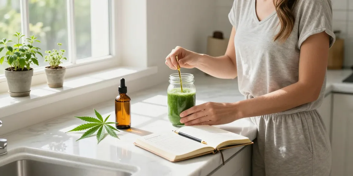 uk weed telegram: Natural wellness scene featuring CBD oil and fresh hemp leaves in a bright kitchen.