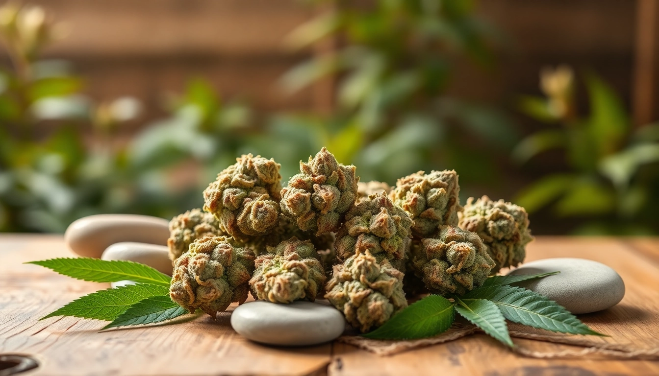 Mental Wellness CBD buds elegantly arranged with natural elements, showcasing their calming qualities.