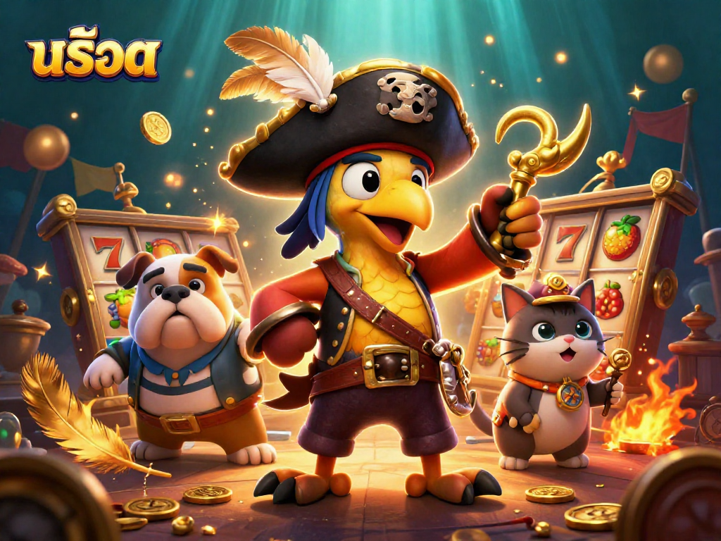 Experience thrilling สล็อต action with a pirate parrot captain guiding players to jackpots amidst a vibrant casino scene.