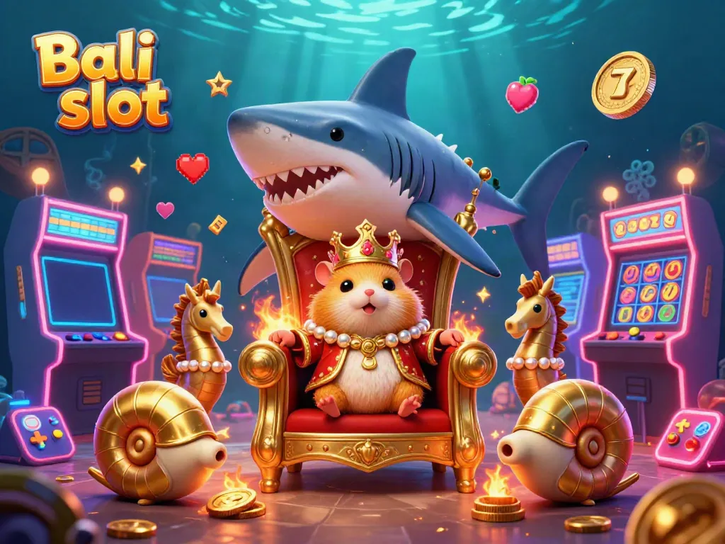 Bali slot 3D illustration with a golden hamster king, vibrant slot reels, and gaming elements.