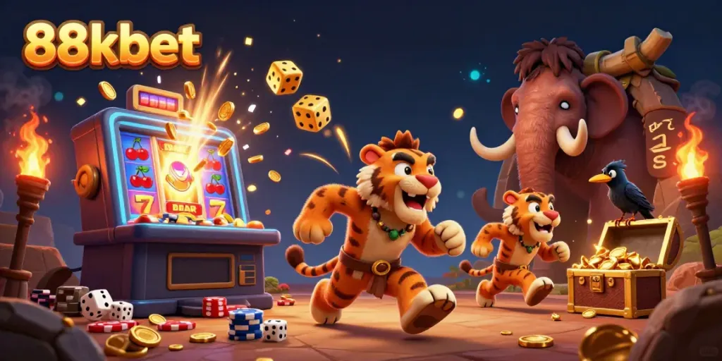 Experience the thrill of 88kbet with a vibrant, animated casino scene featuring dynamic characters and exciting game elements.