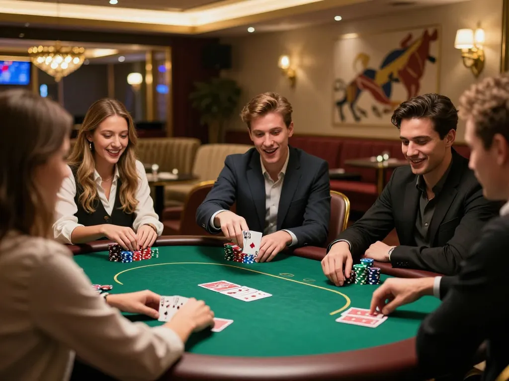 Friends celebrate a winning hand in a cozy poker game surrounded by vibrant chips and warm lighting at the casino S8.