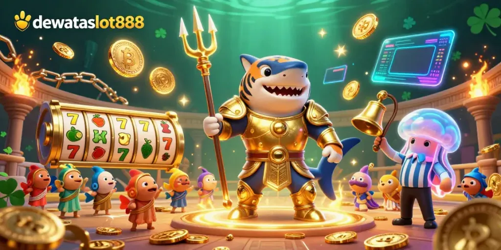 Gambarkan pengalaman bermain di dewataslot888 dengan simbol slot dan koin kripto bersinar dalam ilustrasi 3D yang dinamis.