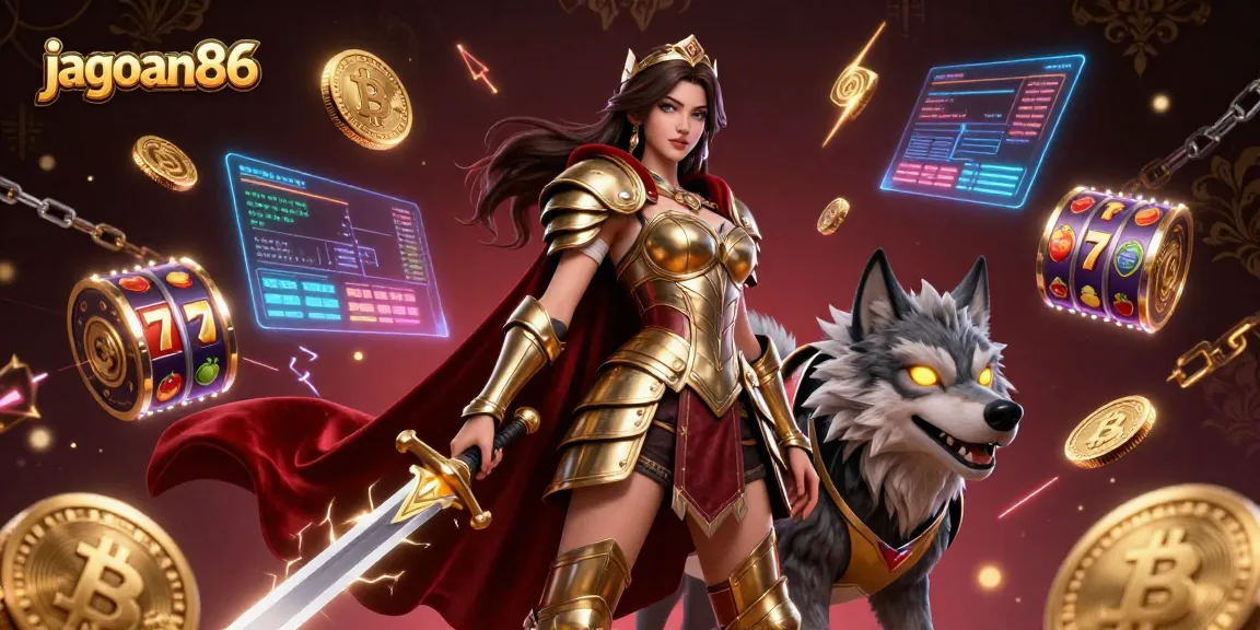 Engage with thrilling jagoan86 slot gameplay illustration featuring a warrior queen amid dynamic casino elements.