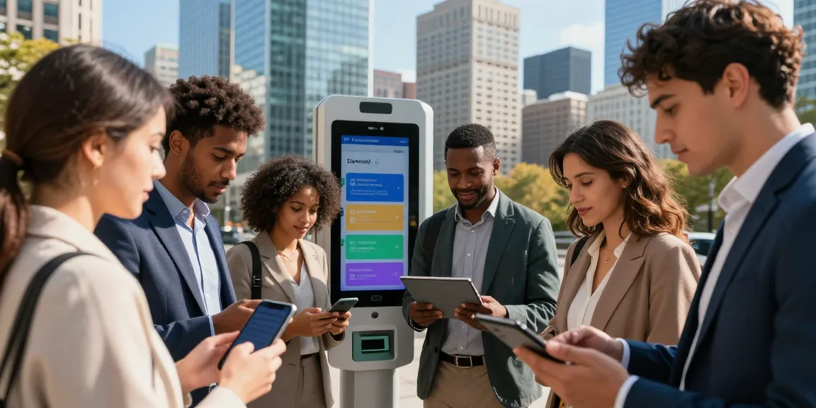Engaged users utilizing 시카고페이 at a Chicago payment kiosk, showcasing modern urban financial solutions.