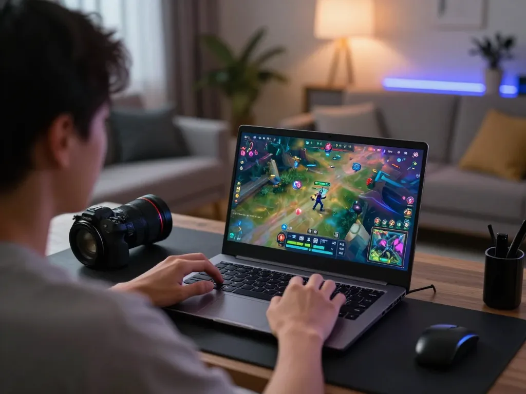 Engaging in nsfw games mod on laptop showcasing colorful gameplay interface and ambient lighting.