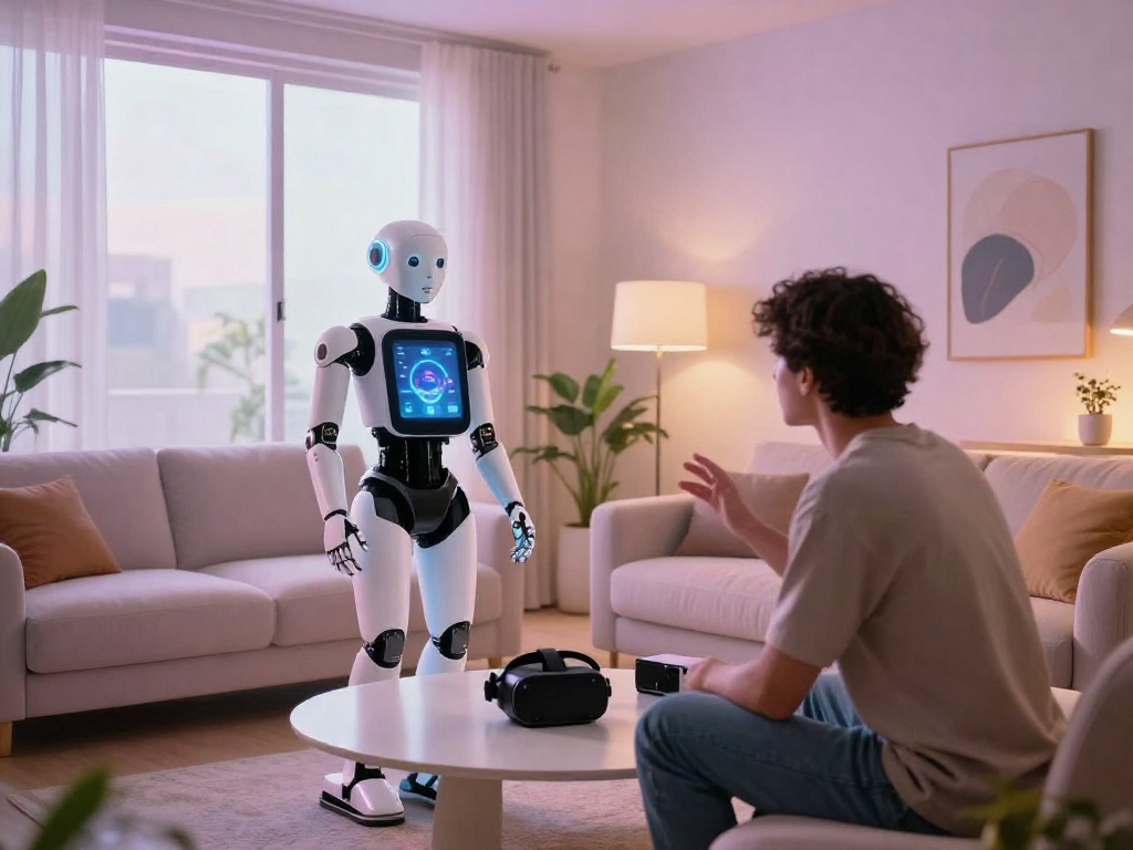 Engaging with a futuristic sex bot in a modern living room setting, showcasing interactive technology.