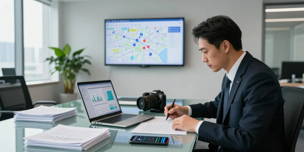 Asset tracing professional analyzing documents and financial data in a modern office setting