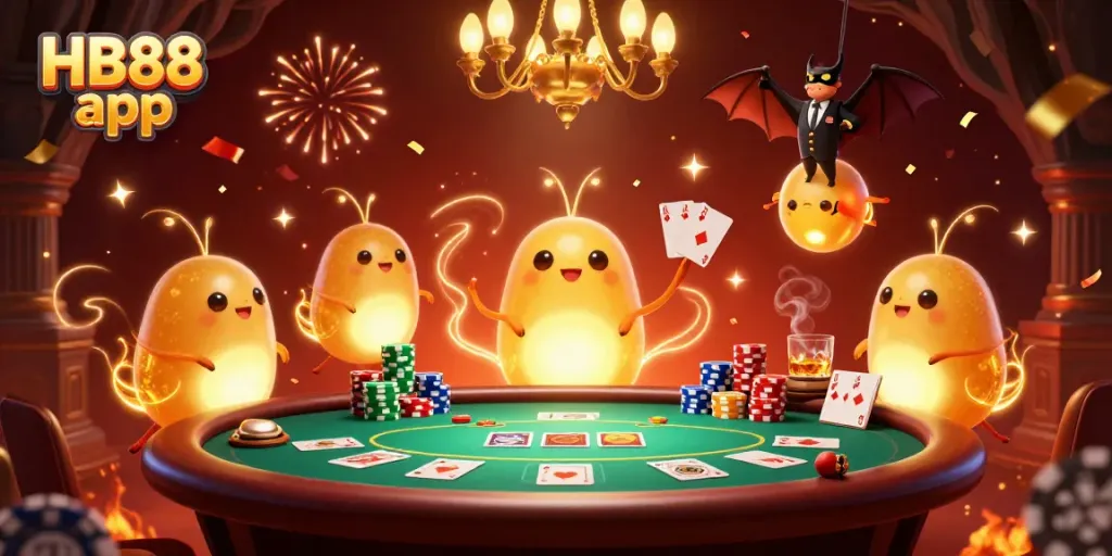 Experience the excitement of the HB88 app in this vibrant 3D casino scene featuring glowworms and a bat dealer.