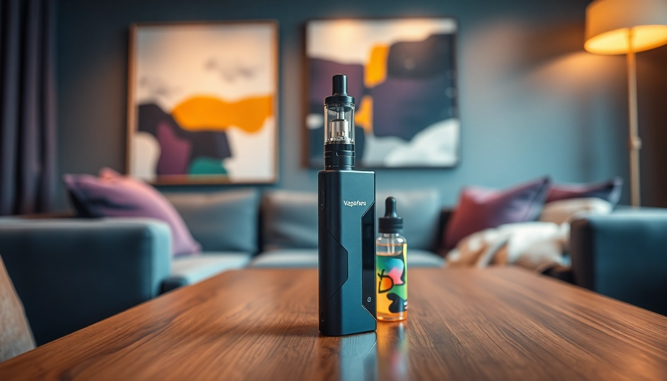 Showcase of vape & e-liquids in a stylish lounge, featuring a sleek vape device on a warm wooden table.