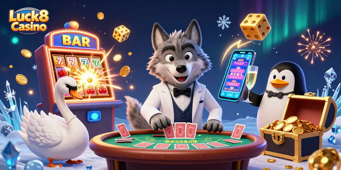 Experience the thrill at Luck8 Casino with an exciting 3D scene featuring animated casino characters.