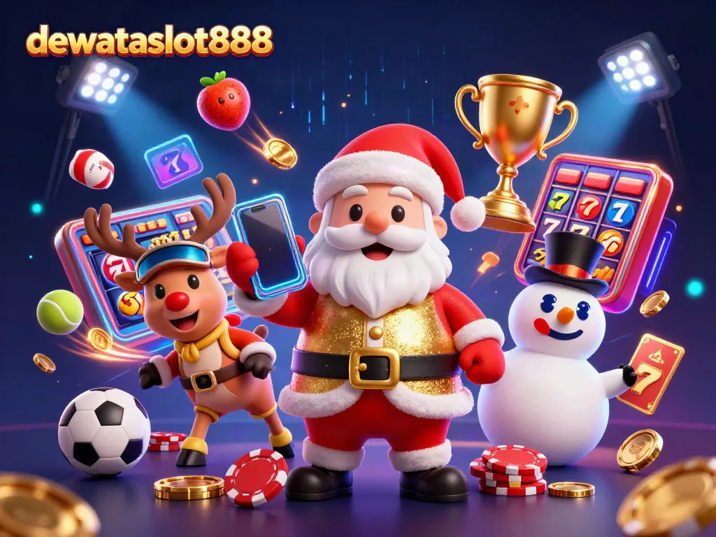 Ilustrasi slot online DEWATASLOT888 menampilkan Santa Claus dan rekan-rekannya dalam suasana kasino.