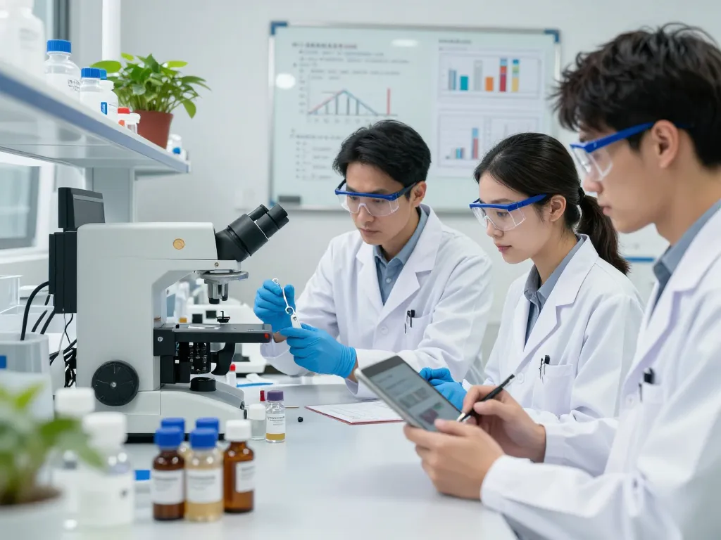 High-tech lab scene featuring EU cannabinoid manufacturer researchers analyzing innovative cannabinoid extracts.